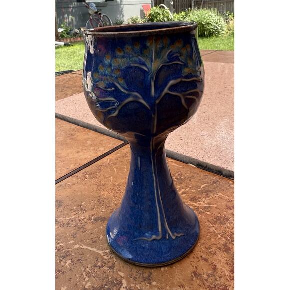 Handmade Studio Art Pottery Stoneware Goblet Mug Blue Tree Of Life Signed - Picture 1 of 8